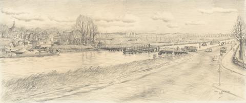 De oude brug bij Badhoevedorp met het dorp Sloten op de achtergrond (foto: Schut, Chris J.Th. (1912-2000), Noord-Hollands Archief)  